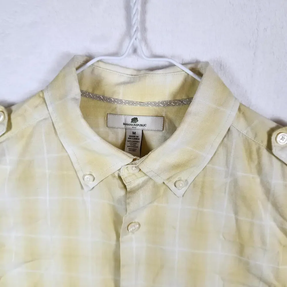 Banana Republic Medium Button Down Shirt Yellow Plaid Organic Cotton Long Sleeve